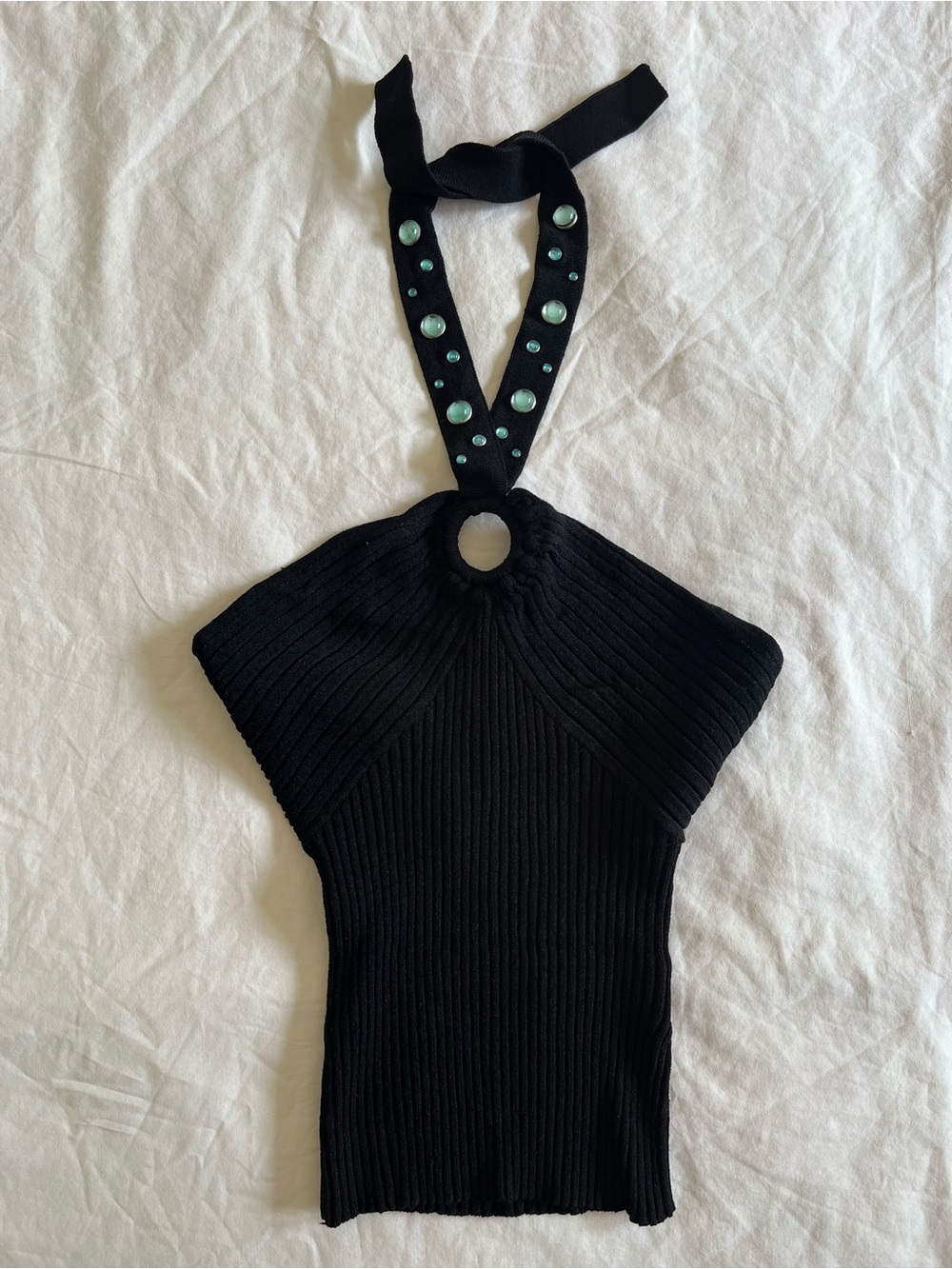 Vintage Y2K Guess Collection Black Ribbed Halter Top with Aqua Jewel Accents